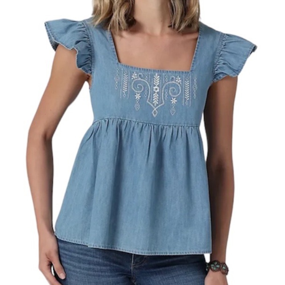 Wrangler Square Neck Embroidered Denim Top Women’s Large NWT